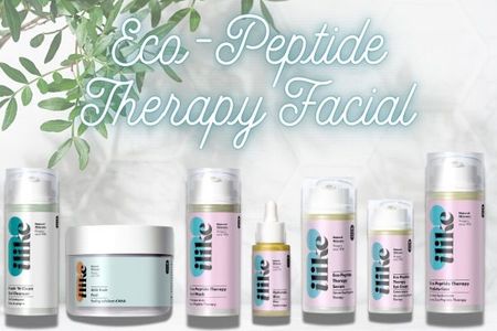 Eco-Peptide Therapy Facial products displayed. Pink and white bottles with green and blue accents.
