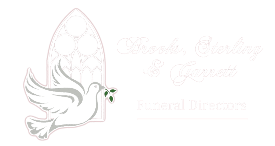 Logo for funerals: White dove with olive branch next to a church window and the company name.