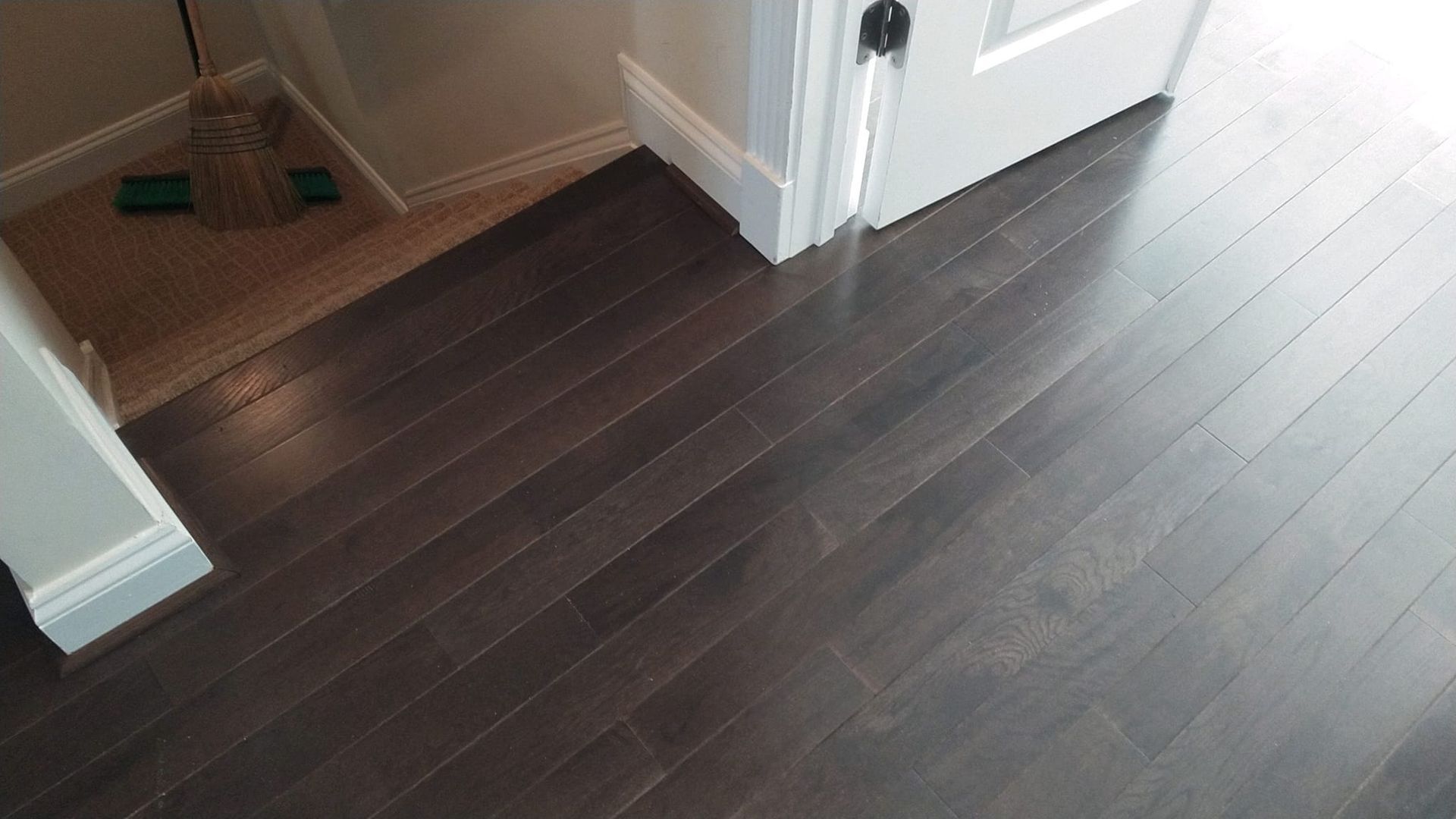 Dark hardwood floor transitions to carpeted stairs near a white baseboard and door frame.