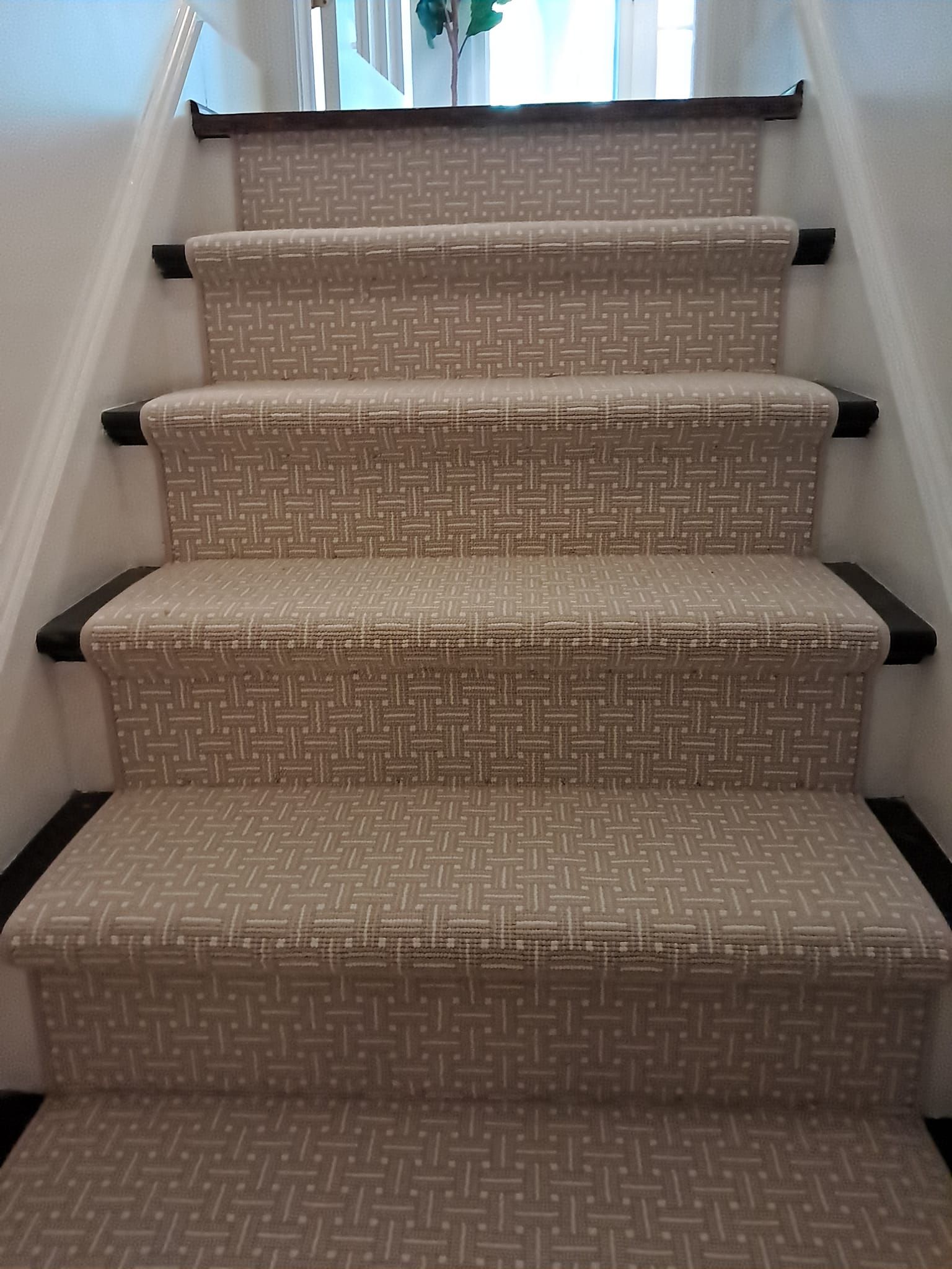 Staircase with dark wooden edges and a light beige patterned carpet runner leading up to a landing.