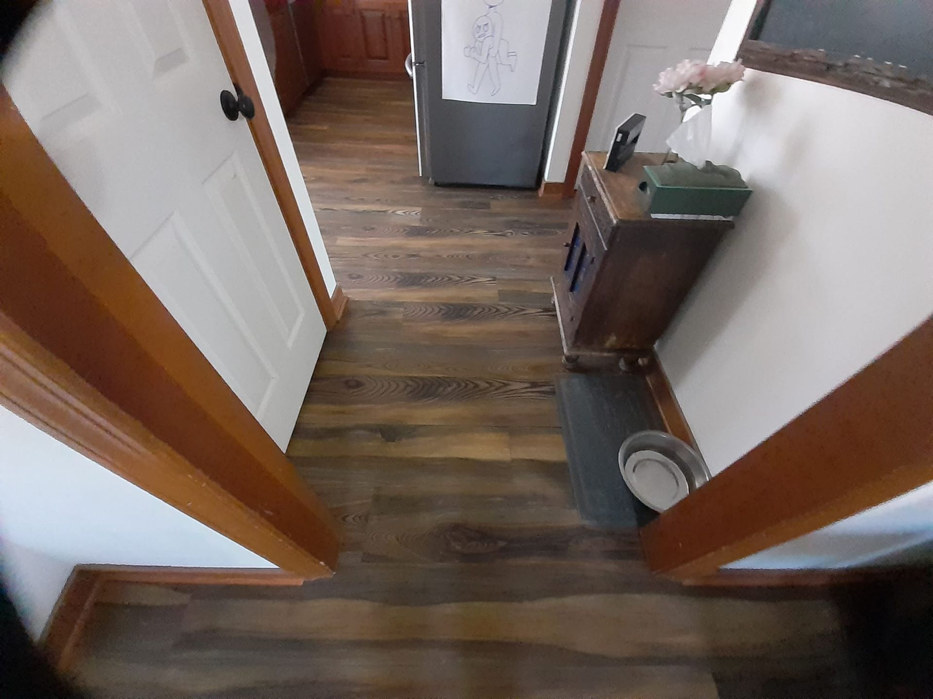 A narrow hallway with dark wood-look plank flooring, a white door on the left, and a wooden cabinet with a pet bowl nearby.
