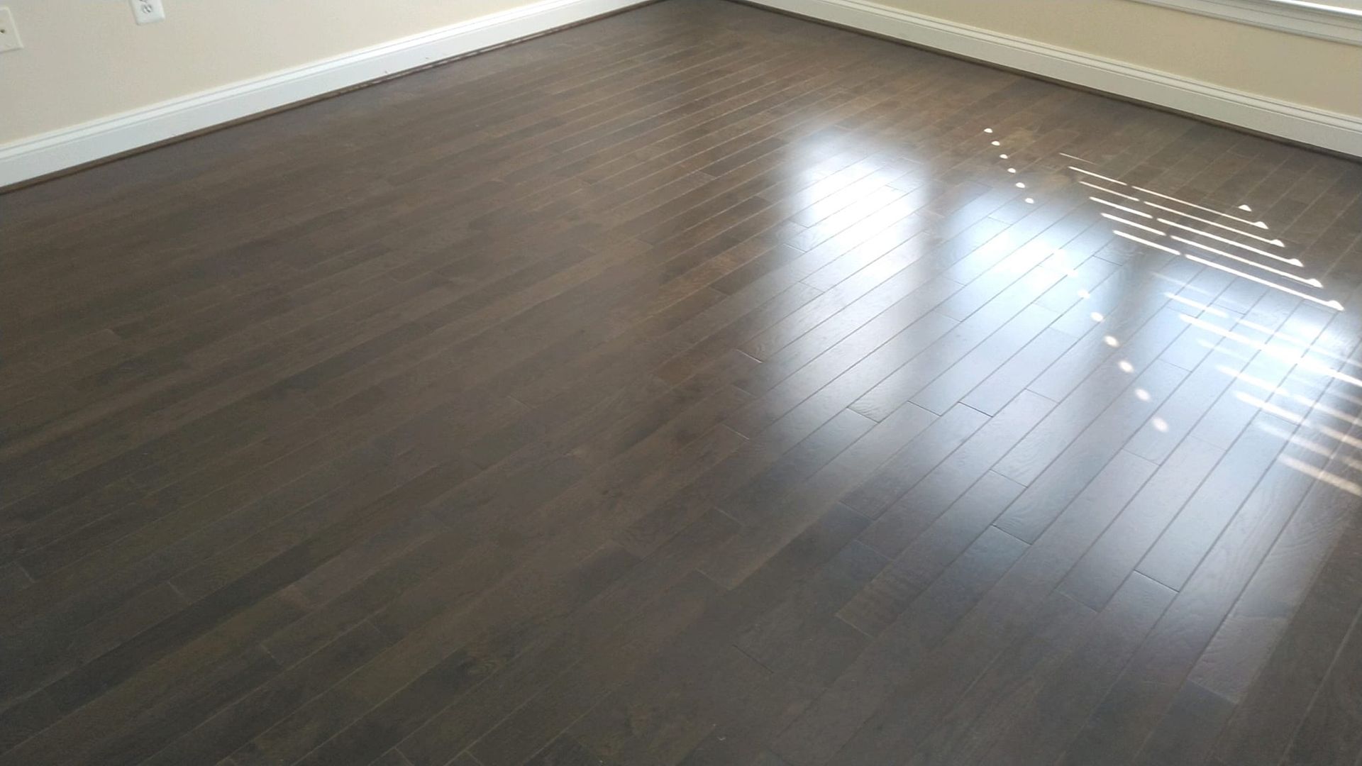 A perspective view of dark brown hardwood flooring in a room with light-colored walls and bright light reflecting off it.