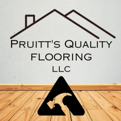 Logo for Pruitt's Quality Flooring LLC, featuring a house roof outline above the text over a wood floor background.