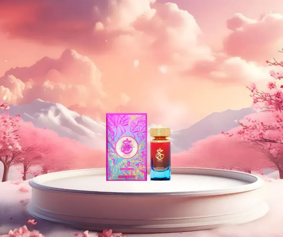 Parfumflesje en -doos op een wit platform, met een roze lucht, bergen en kersenbloesems op de achtergrond.