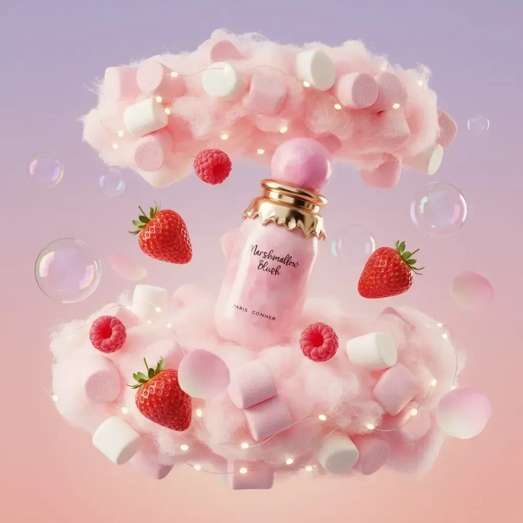 Een roze badproductfles met marshmallowgeur, omringd door suikerspin, marshmallows, bessen en bubbels.