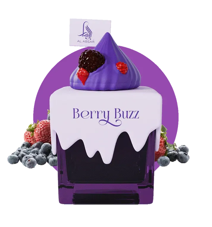 Paarse parfumfles in de vorm van een cupcake, met de tekst 