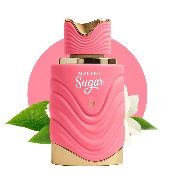 Roze parfumflesje met gouden accenten, de tekst 