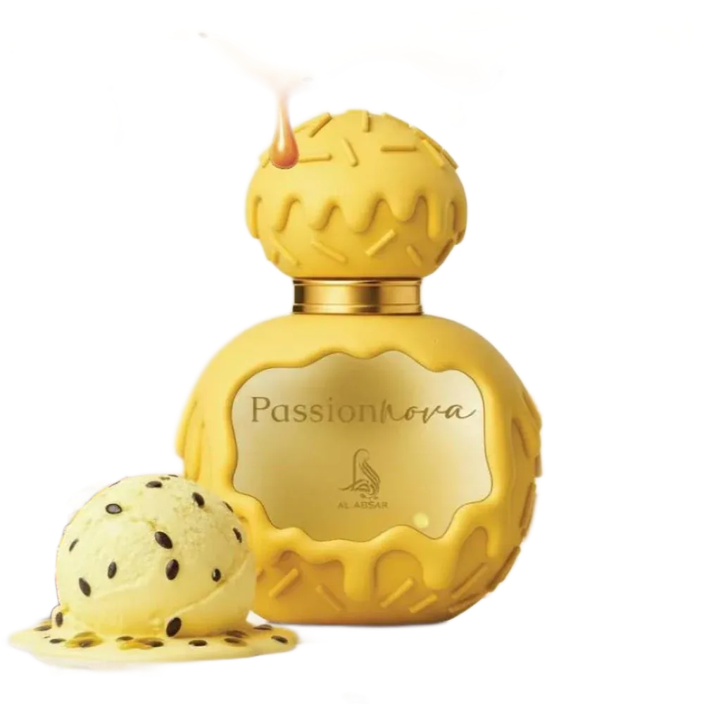 Gele parfumfles met een smeltende ijsschep. Op de fles staat 