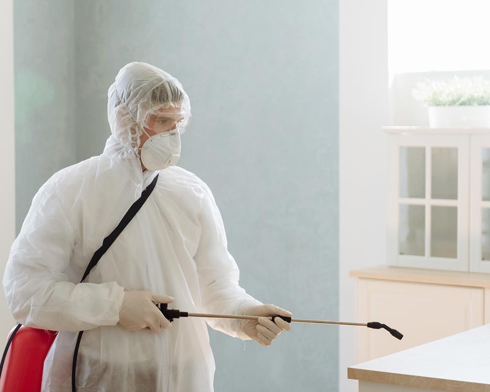 A man wearing a white protective suit and mask sprays for pests, illustrating a pest control company