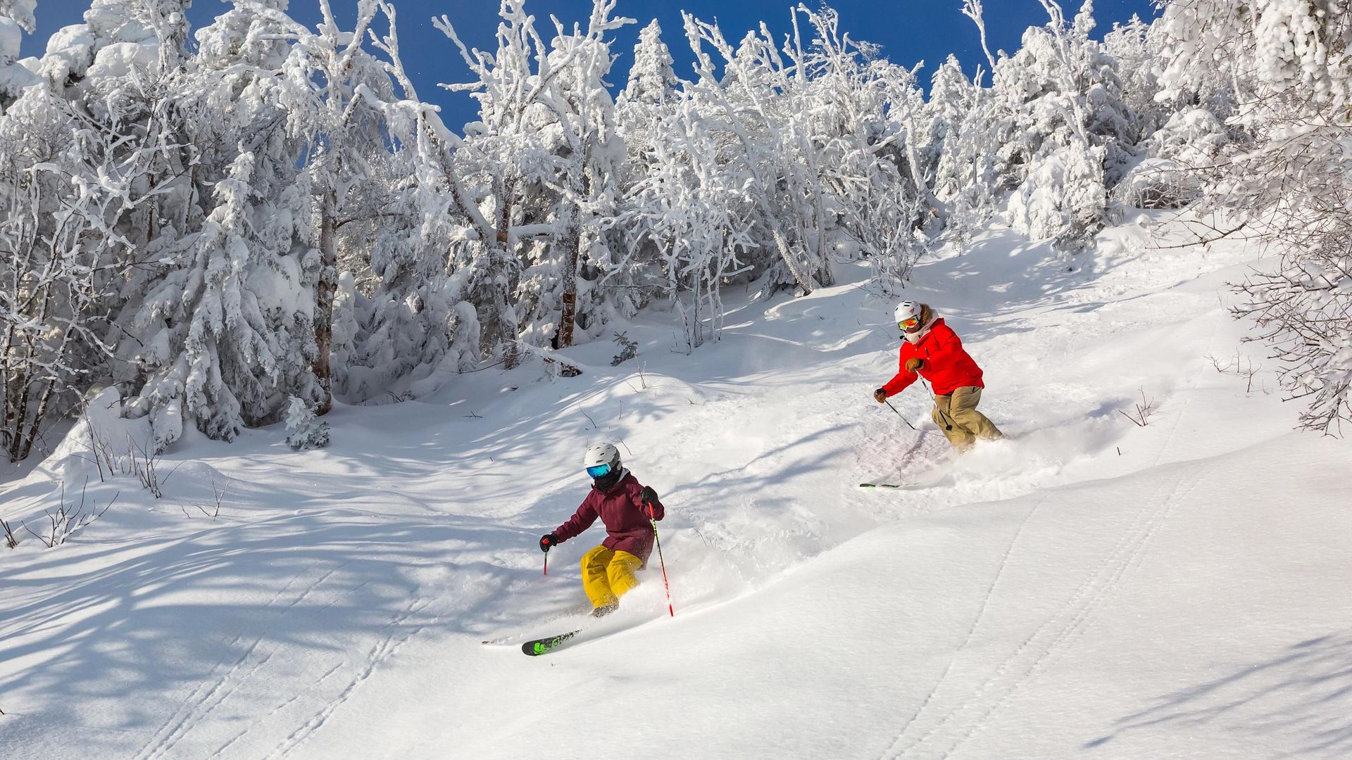 Two people are skiing down a snow covered slope.