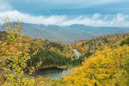 A lake in the middle of a forest with mountains in the background.