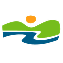 A green and blue logo with a river and a sun