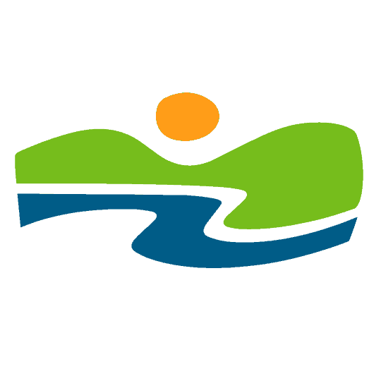A green and blue logo with a river and a sun