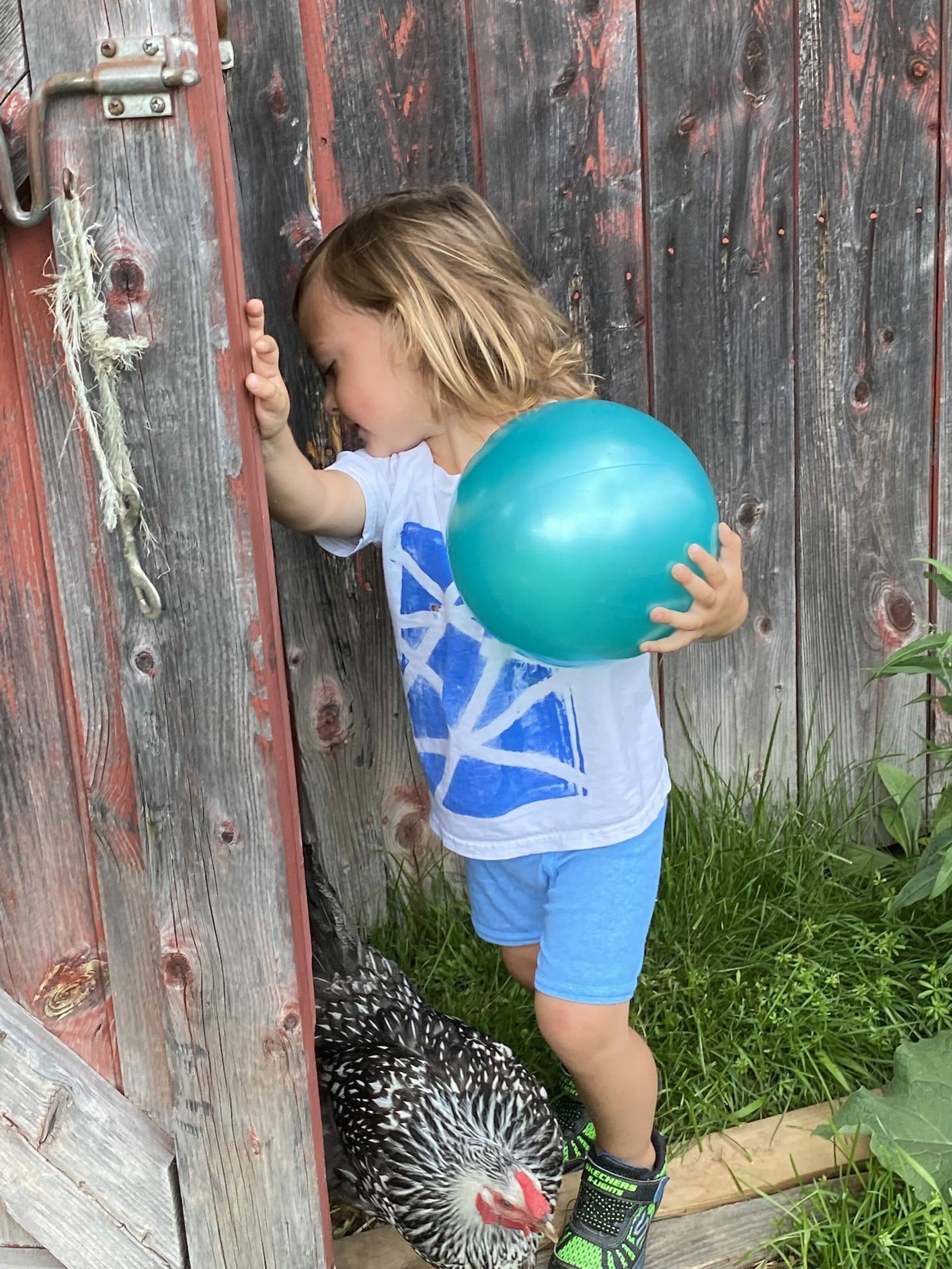 A little boy is holding a green ball next to a chicken.