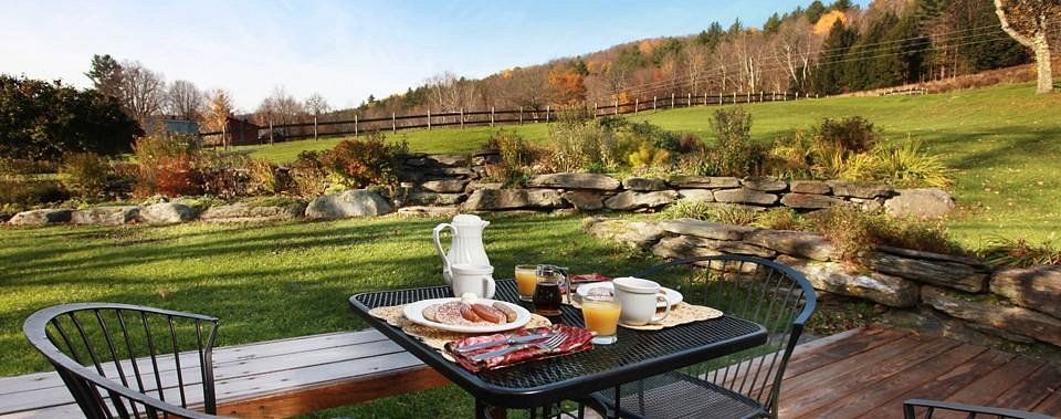 There is a table with plates of food on it in the grass.