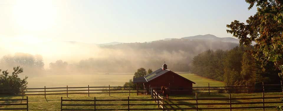 A red barn is sitting in the middle of a foggy field.