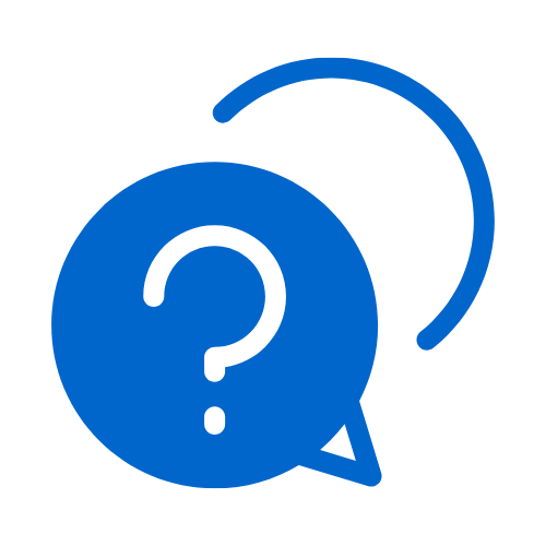 Blue speech bubble with a white question mark and curved arrow, suggesting help or support icon