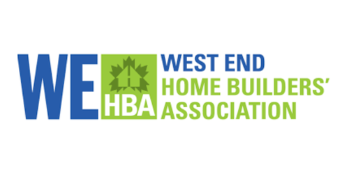 Logo for West End Home Builders' Association: Blue "WE", green "HBA" with house/leaf symbol, green "WEST END HOME BUILDERS' ASSOCIATION".