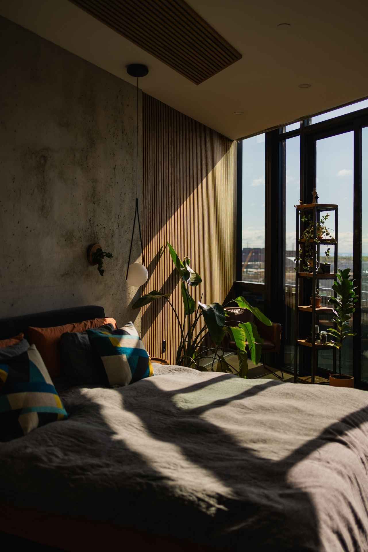 Bedroom with sunlight, bed, plants, and large window with a view.