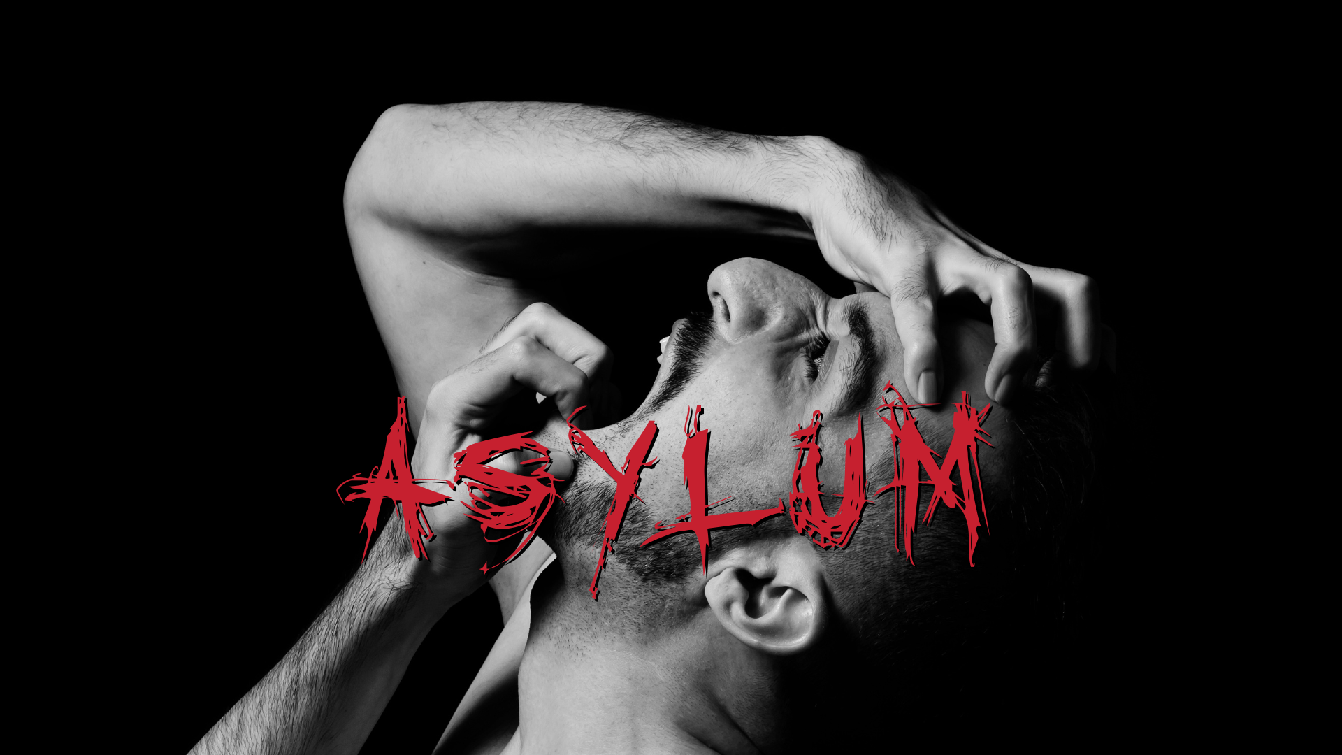 Poster for Asylum Escape Room, Perth. A Man screaming while hands grab at his face.