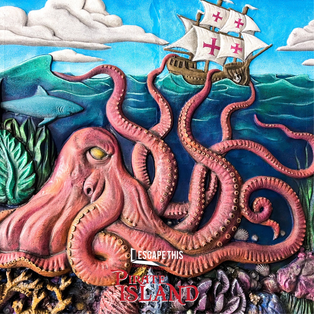 A painting of an octopus and a ship in the ocean