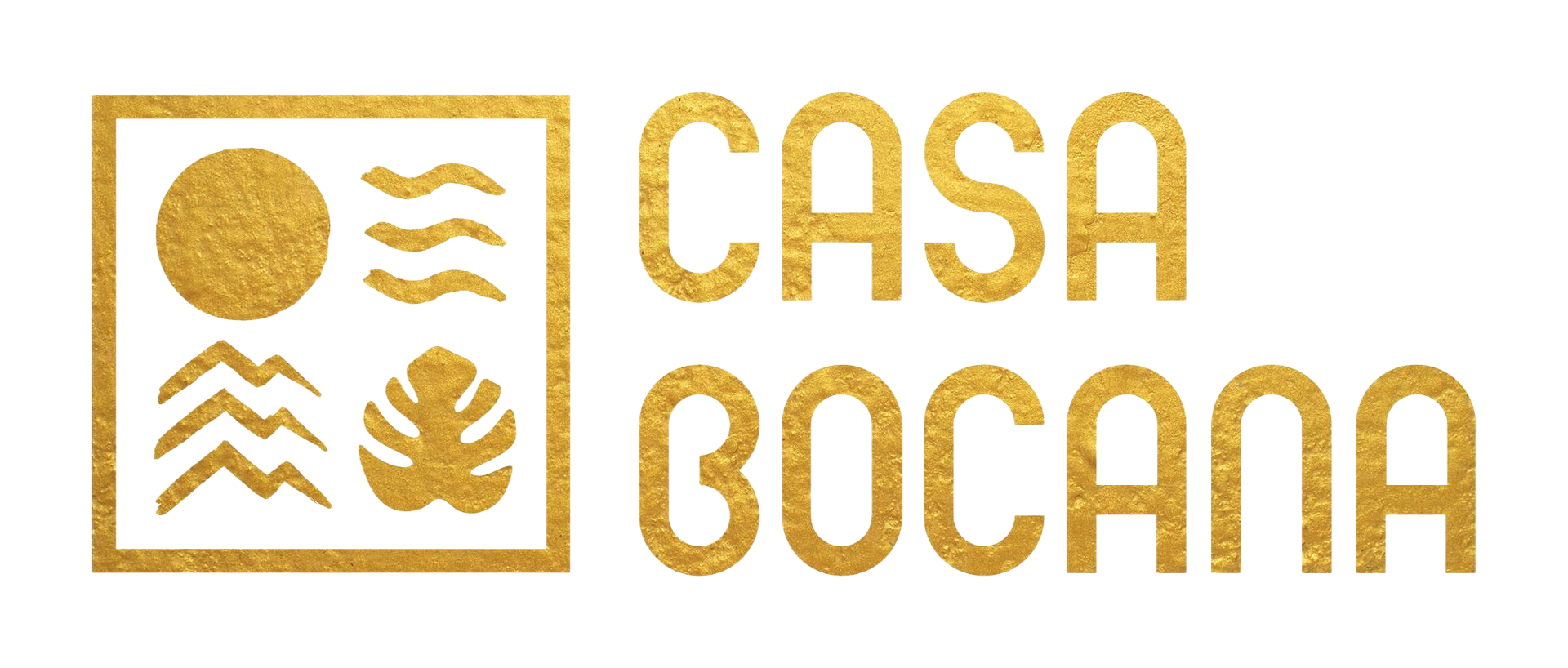 Logotipo dorado para Casa Bocana: cuadrado con sol, olas, hojas; texto