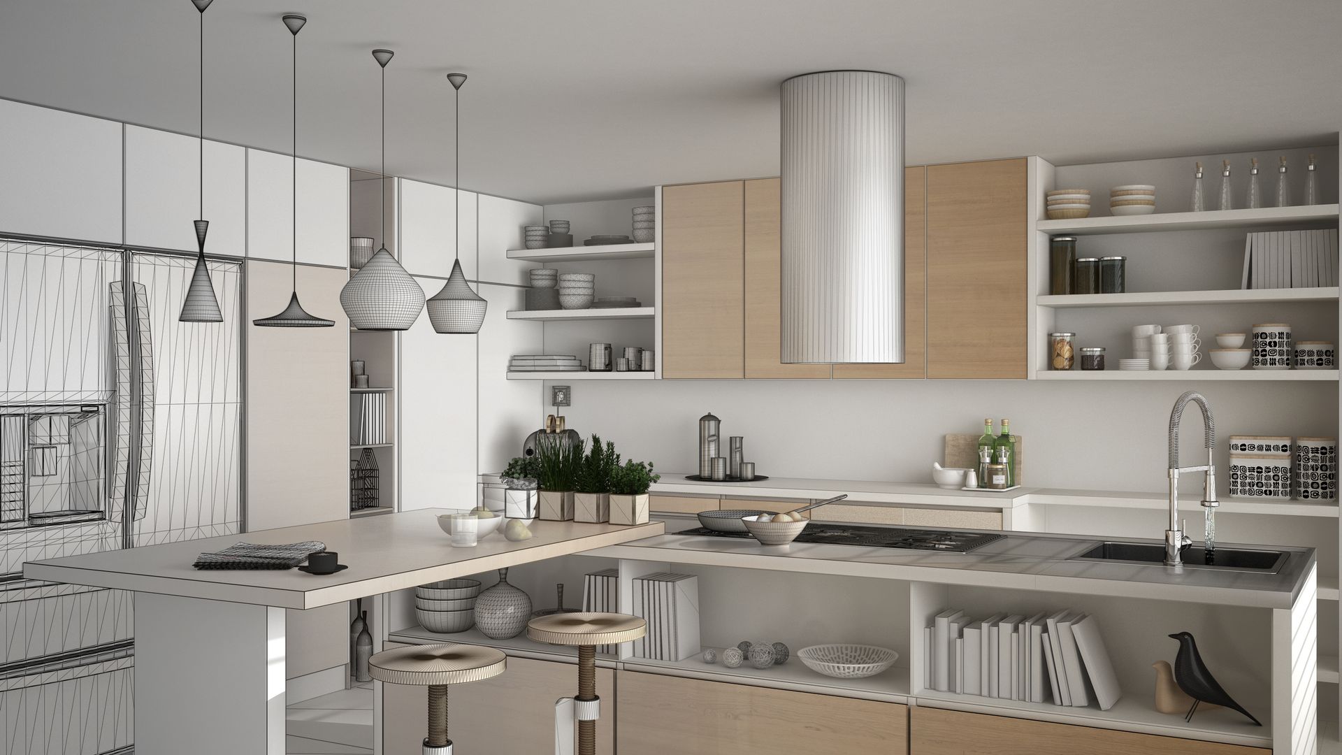 A modern kitchen with wooden cabinets and a stainless steel hood.