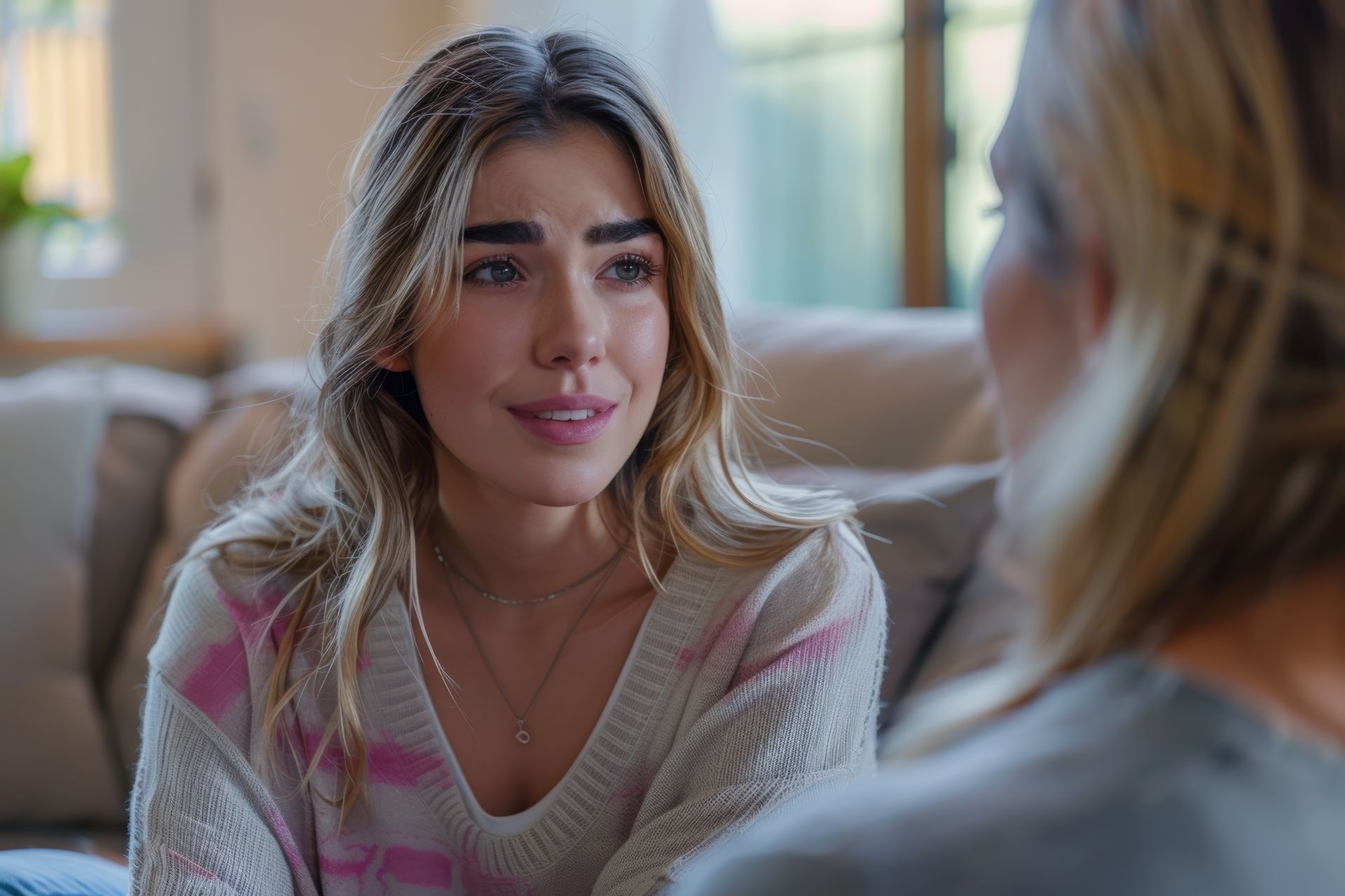 A woman is sitting on a couch talking to another woman.