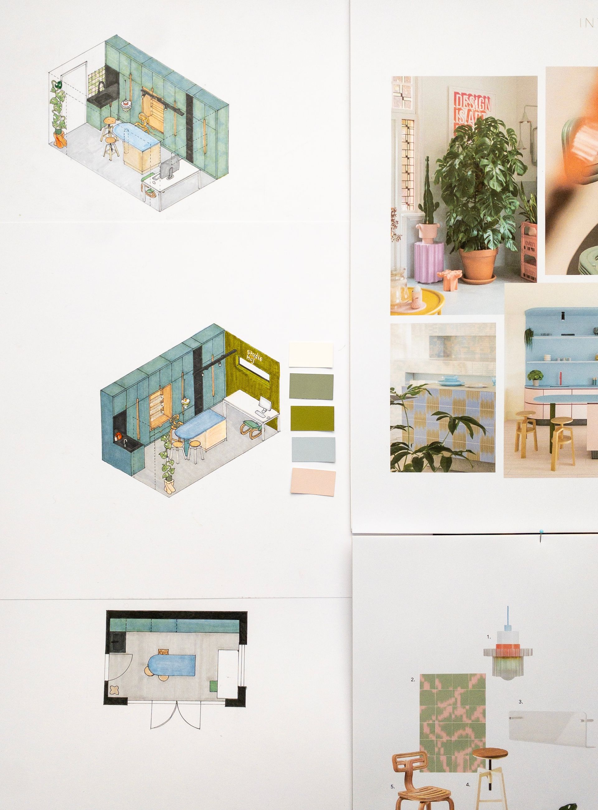 Architectuurtekeningen en moodboard met kleurstalen en meubels.