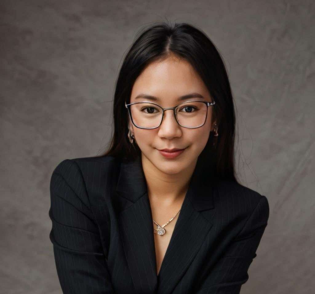 A woman in a black shirt is standing in front of a pink background.