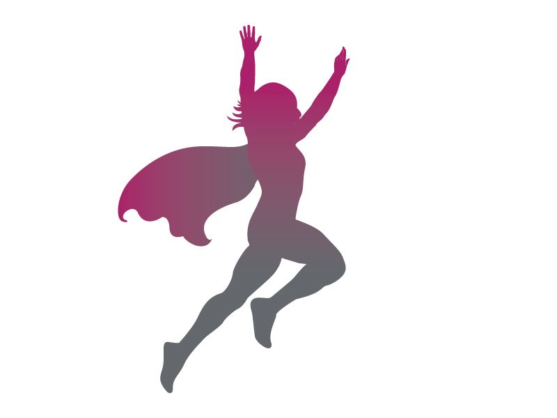 A silhouette of a woman in a cape jumping in the air.