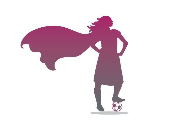 A silhouette of a woman in a cape standing next to a soccer ball.