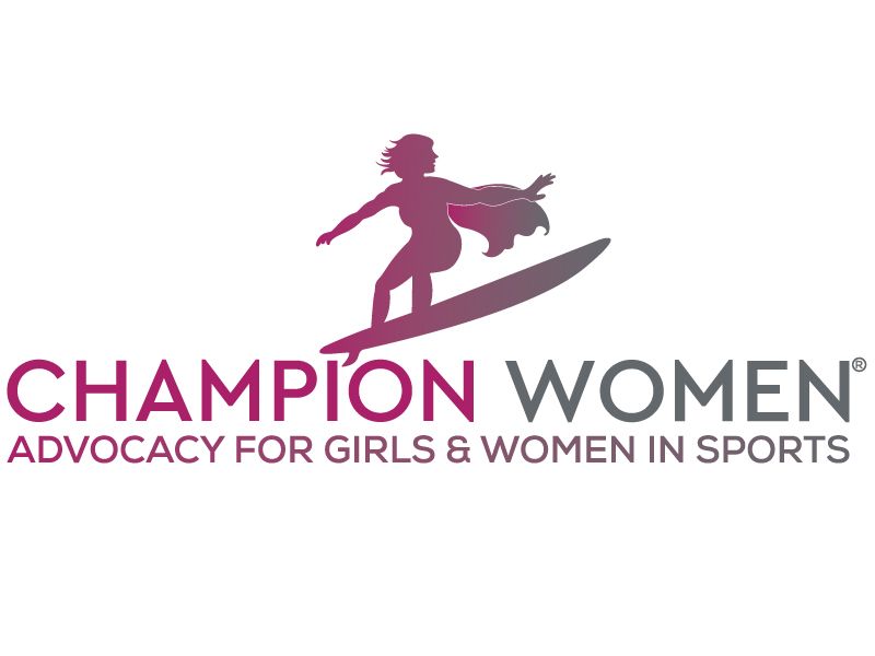 The logo for champion women advocacy for girls and women in sports shows a woman riding a surfboard.