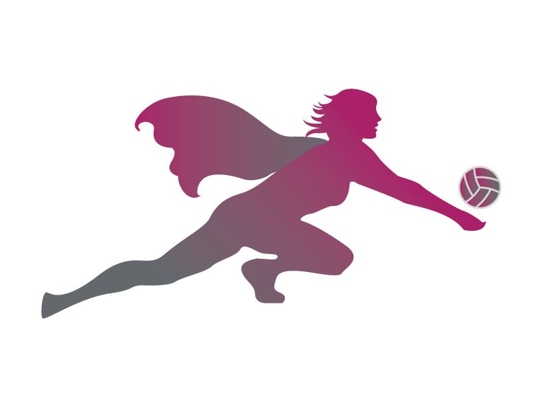 A silhouette of a woman in a cape catching a volleyball.