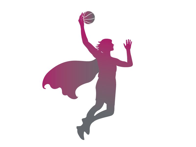 A silhouette of a woman in a cape holding a basketball.