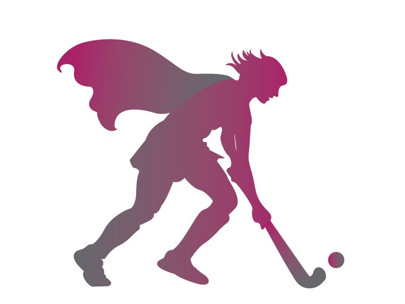 A silhouette of a woman playing field hockey with a cape.