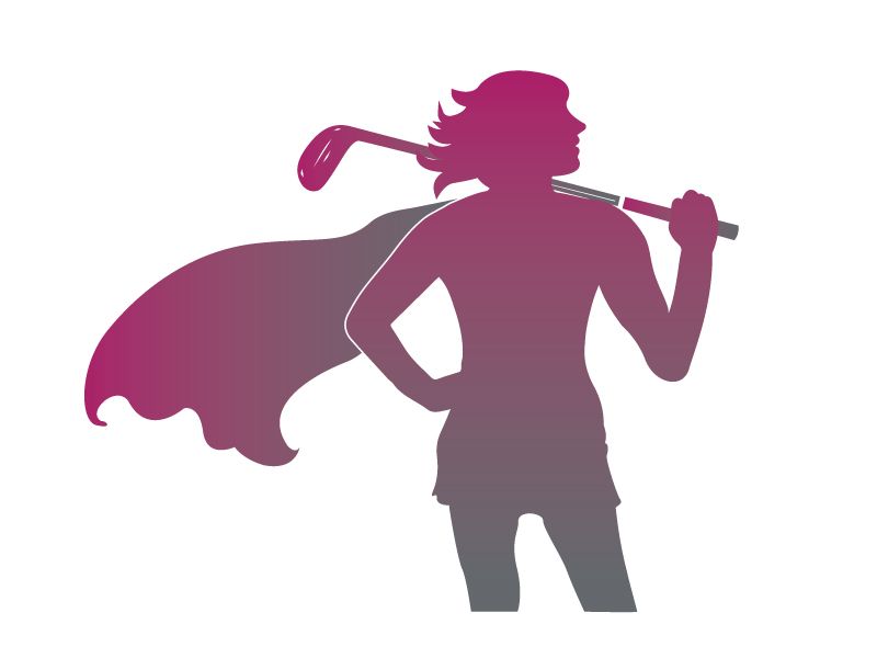A silhouette of a woman with a cape holding a golf club.