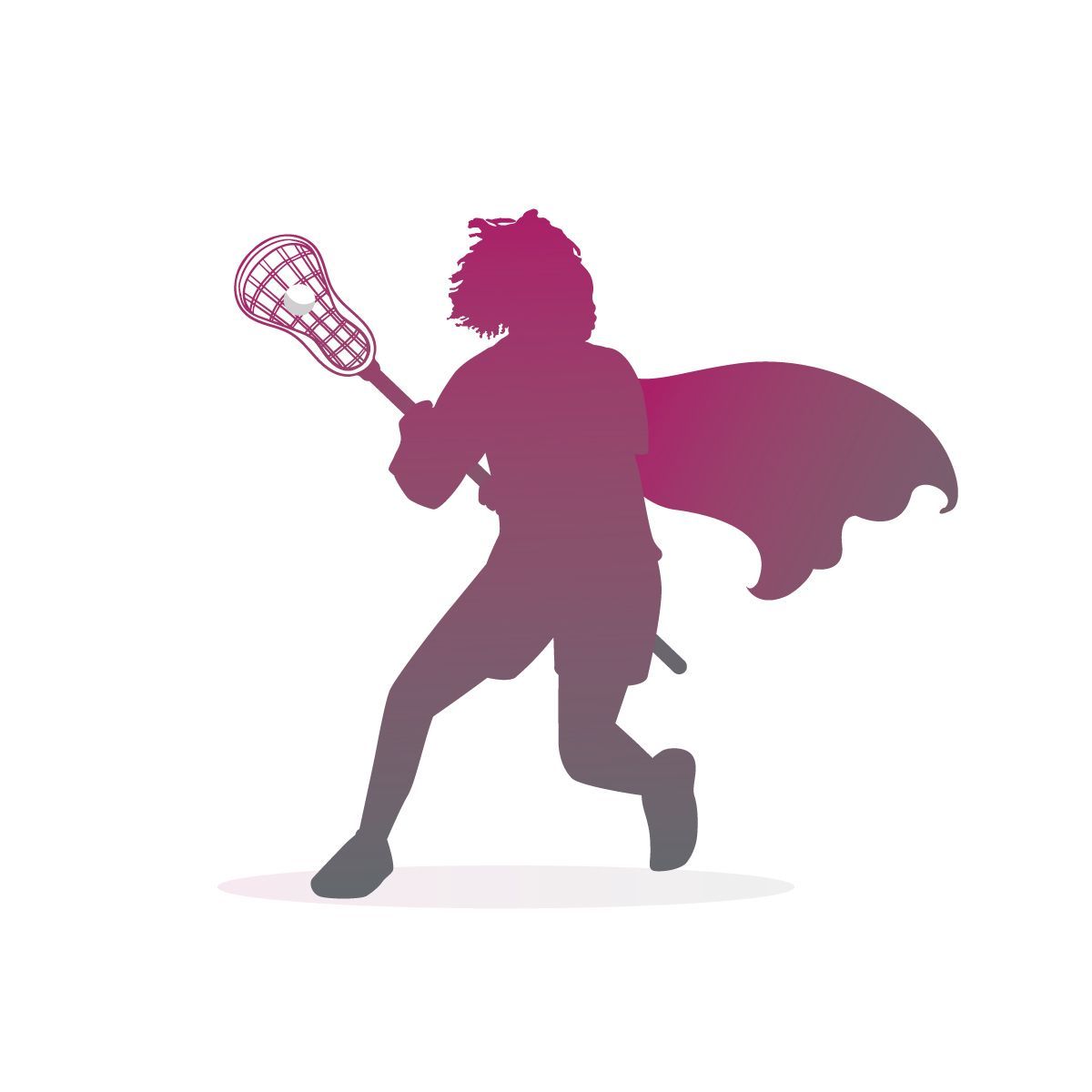 A silhouette of a person holding a lacrosse stick and running.