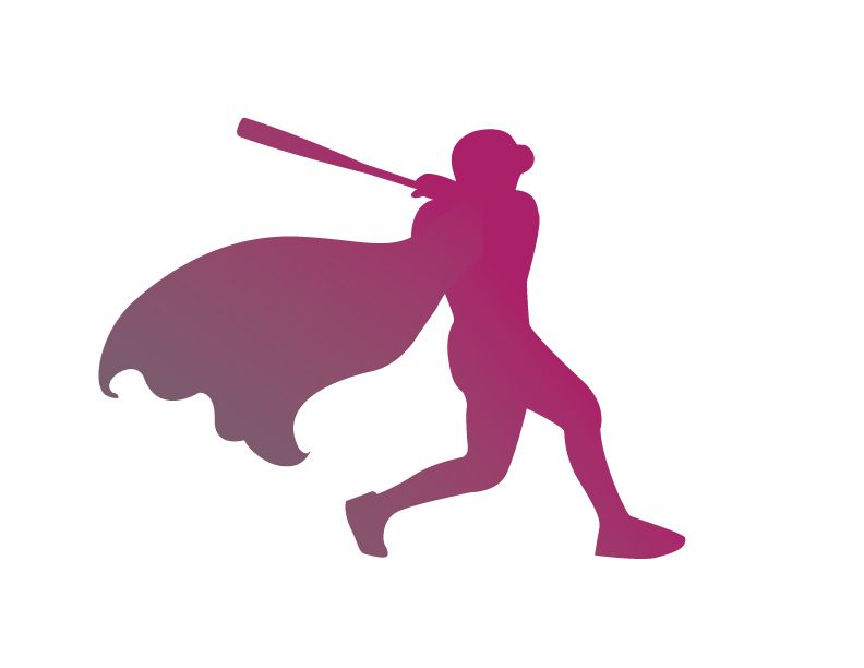 A silhouette of a baseball player with a cape holding a bat.
