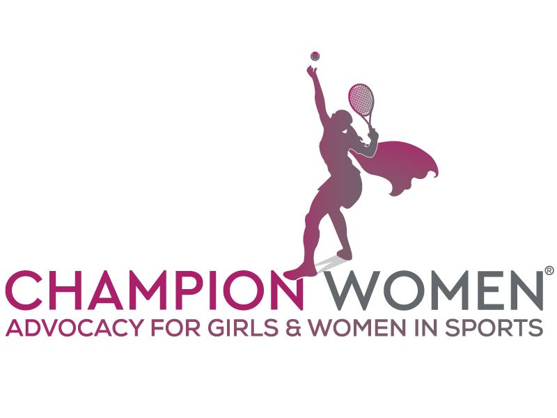 The logo for champion women advocacy for girls and women in sports shows a woman holding a tennis racquet.