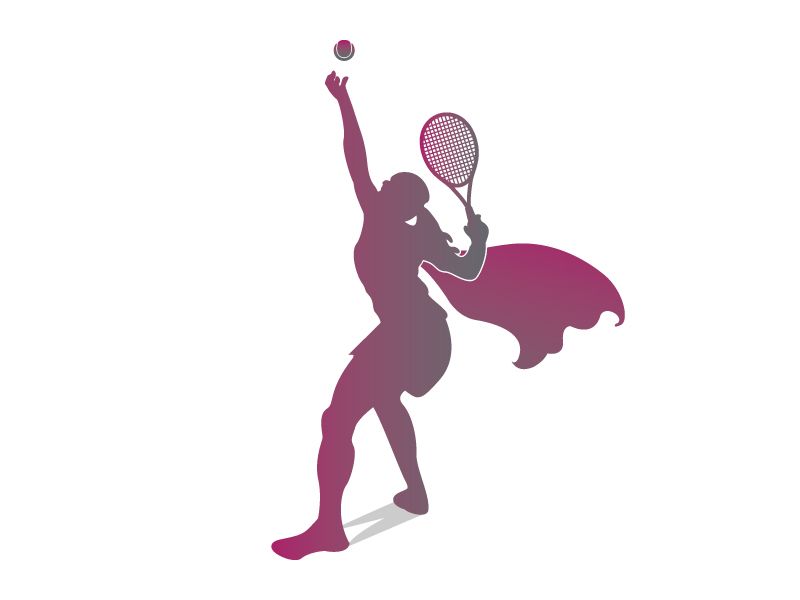 A silhouette of a woman holding a tennis racquet and a tennis ball.