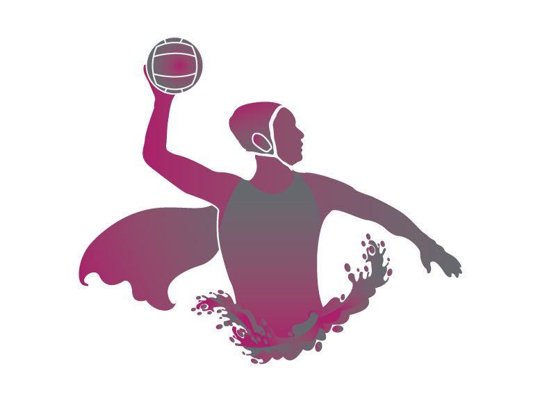 A water polo player is jumping into the water while holding a ball.