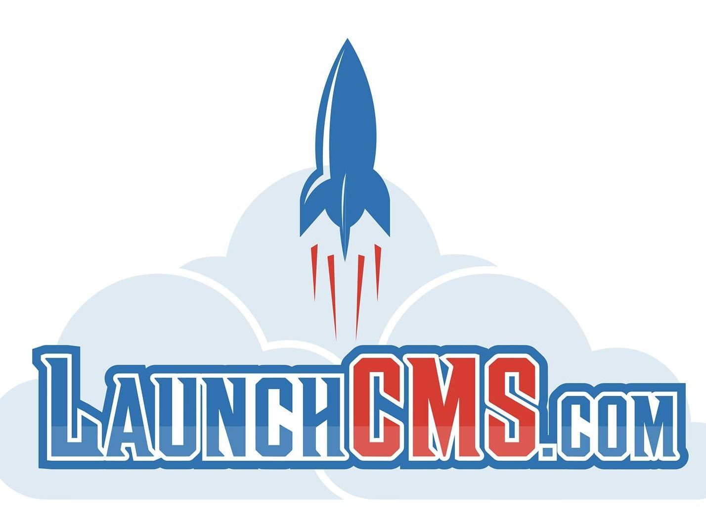 A logo for launchcms.com with a rocket coming out of the clouds