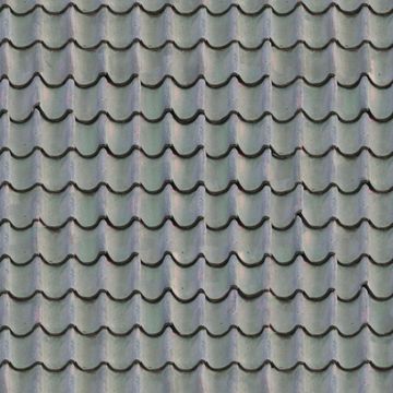 Gray wavy roof tiles arranged in rows.