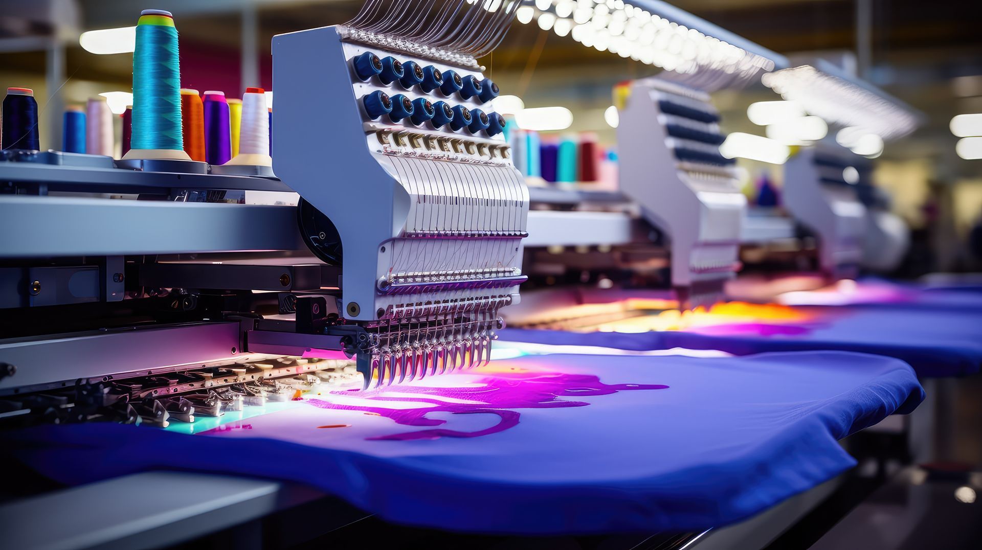 Industrial embroidery machine stitching a bright purple fabric on a production line