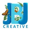 A logo for jb creative with a butterfly and leaves