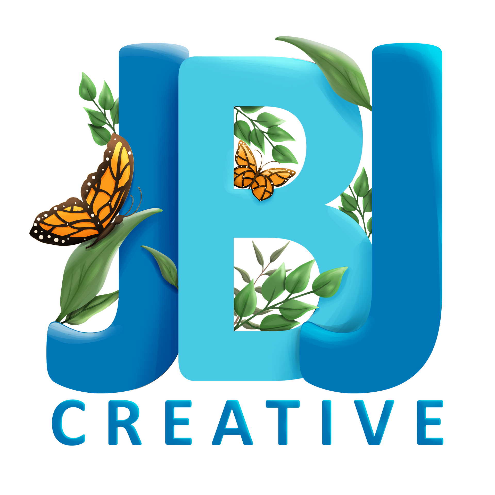 A logo for jb creative with a butterfly and leaves