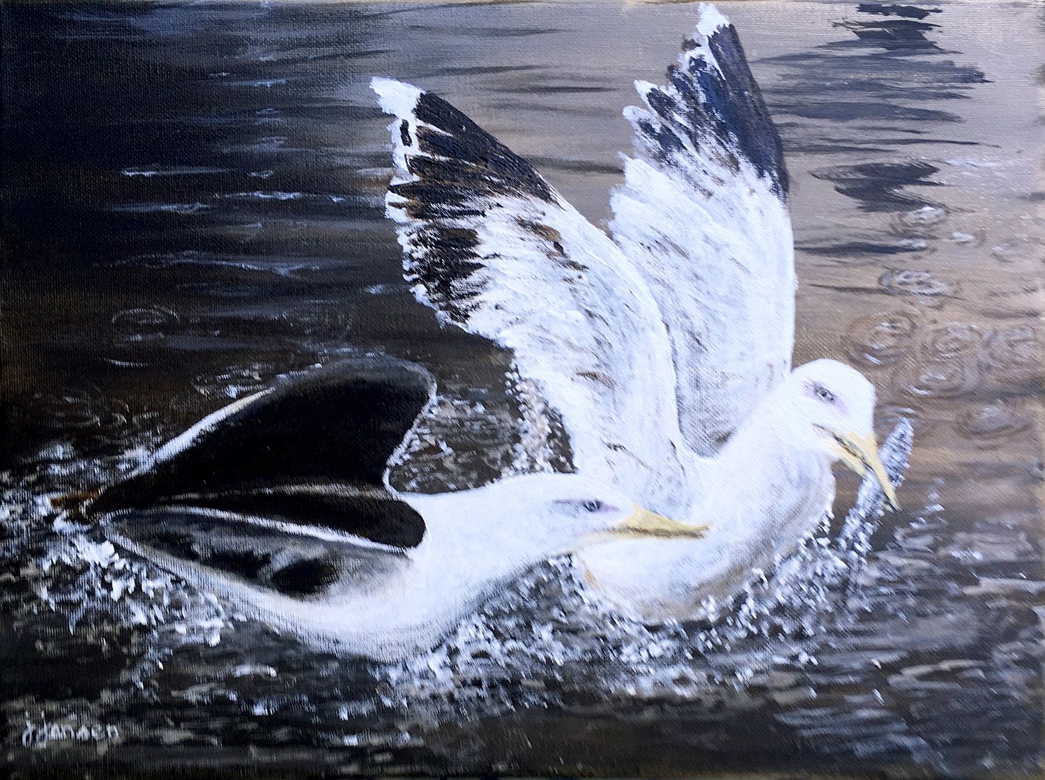 A painting of a seagull flying over a body of water