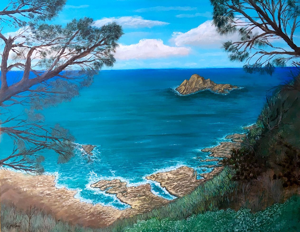 A painting of a small island in the middle of the ocean