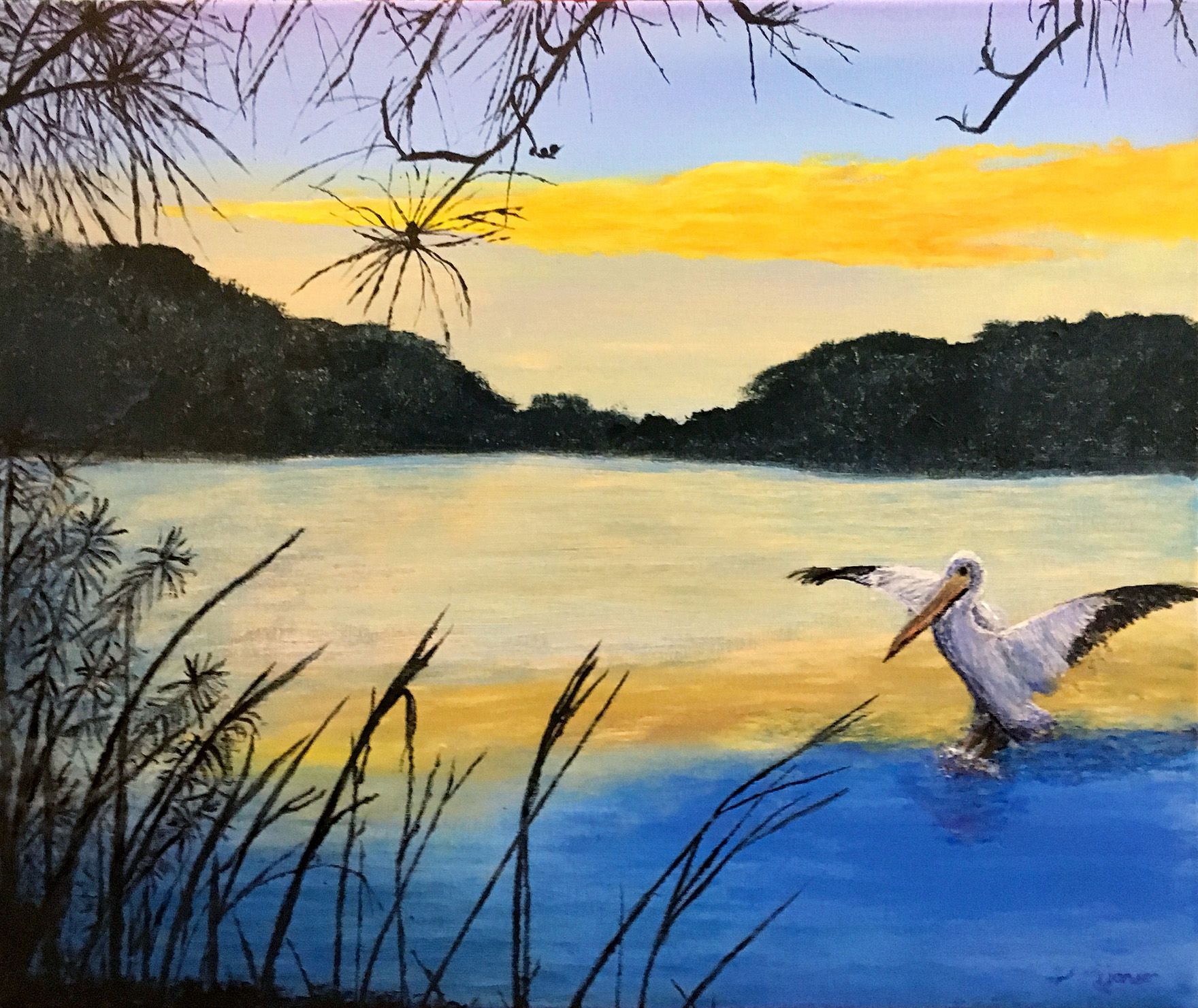 A painting of a pelican flying over a lake